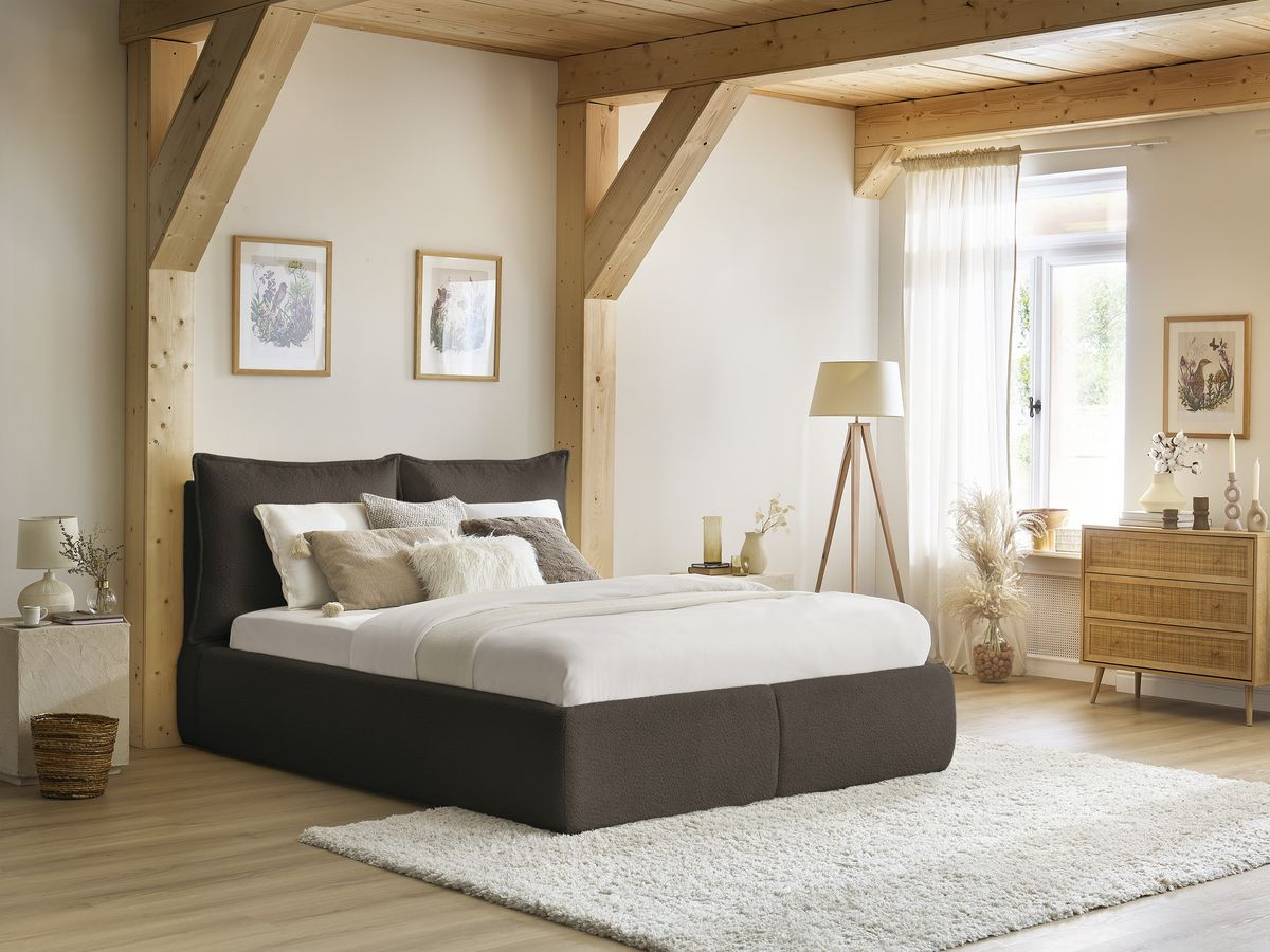 GARANCE opbergbed met hoofdbord met kusseneffect in badstof