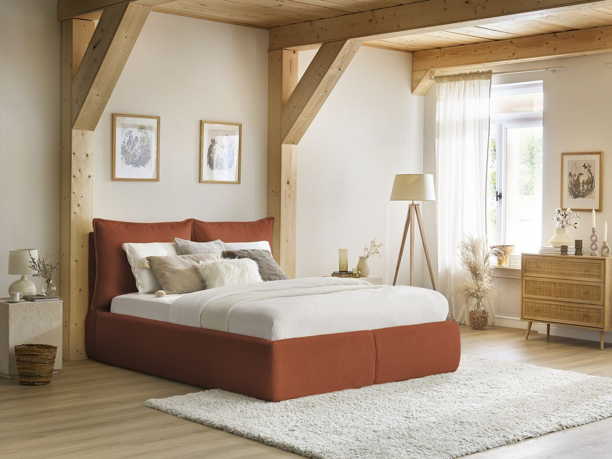 GARANCE opbergbed met hoofdbord met kusseneffect in badstof