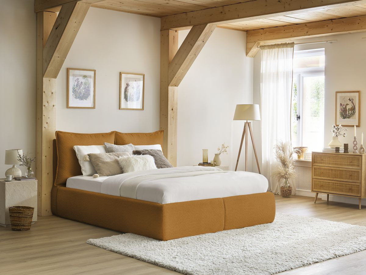 GARANCE opbergbed met hoofdbord met kusseneffect in badstof