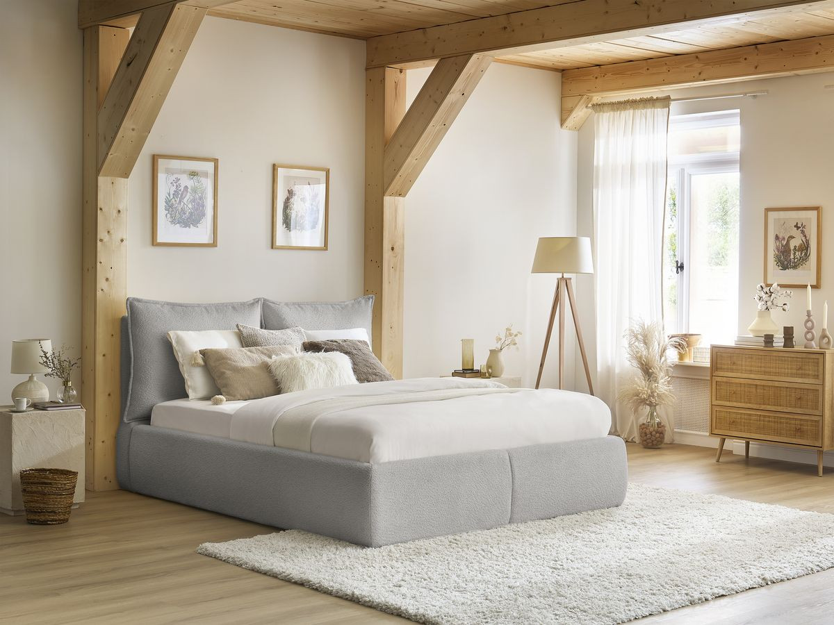 GARANCE opbergbed met hoofdbord met kusseneffect in badstof