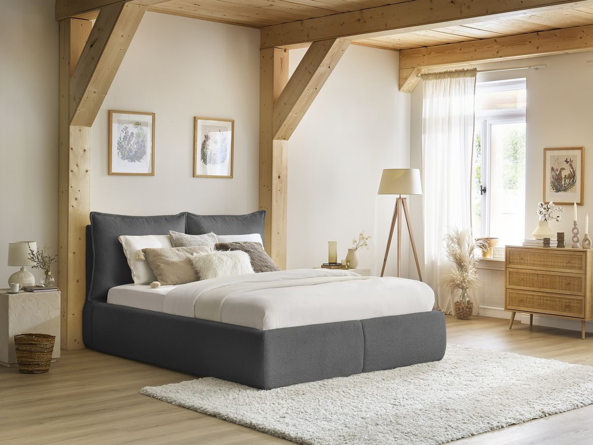 GARANCE opbergbed met hoofdbord met kusseneffect in badstof