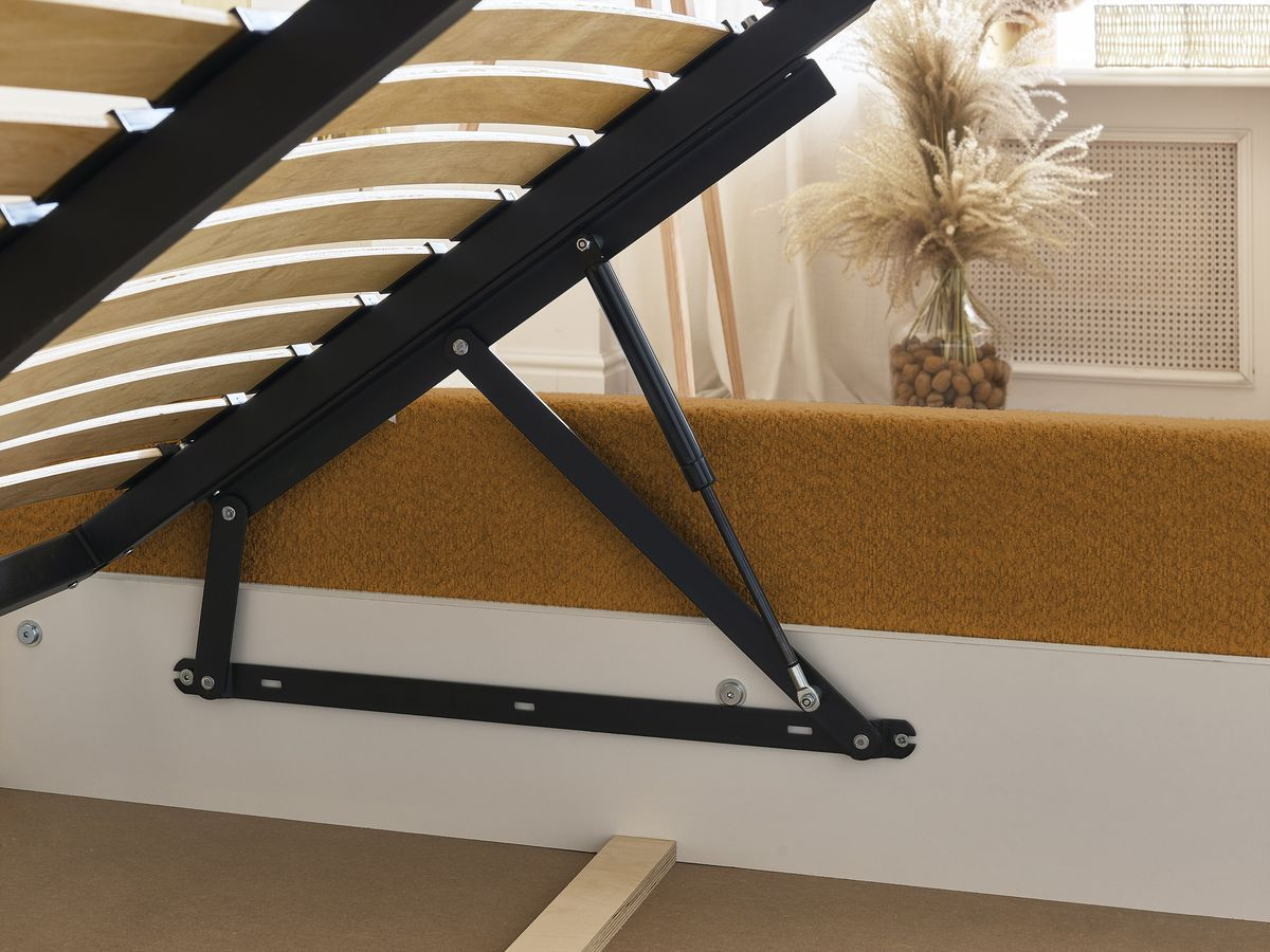GARANCE opbergbed met hoofdbord met kusseneffect in badstof