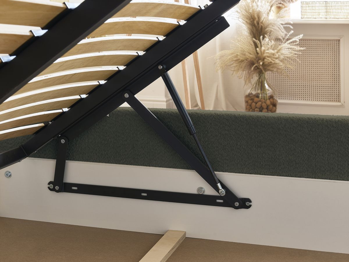 GARANCE opbergbed met hoofdbord met kusseneffect in badstof