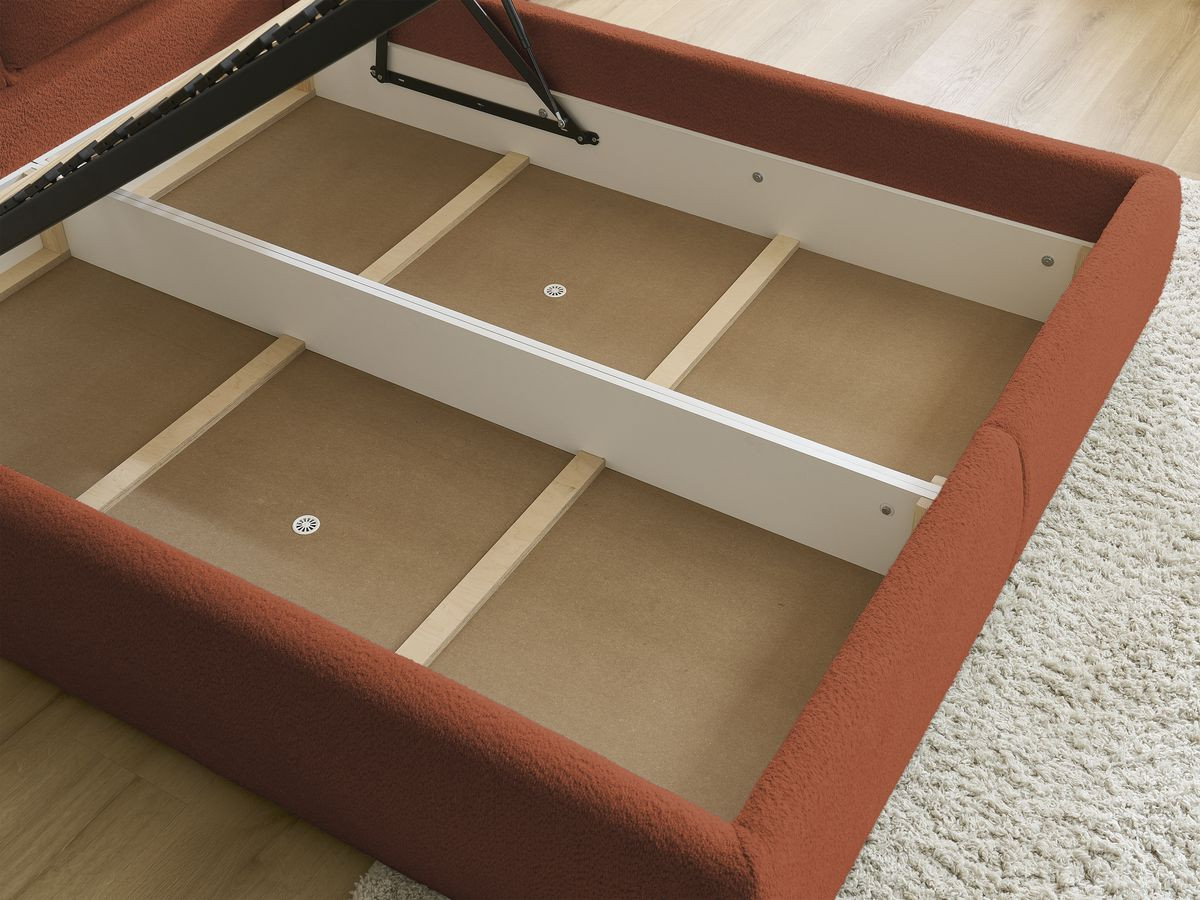 Lit coffre GARANCE avec tête de lit effet oreiller tissu bouclette