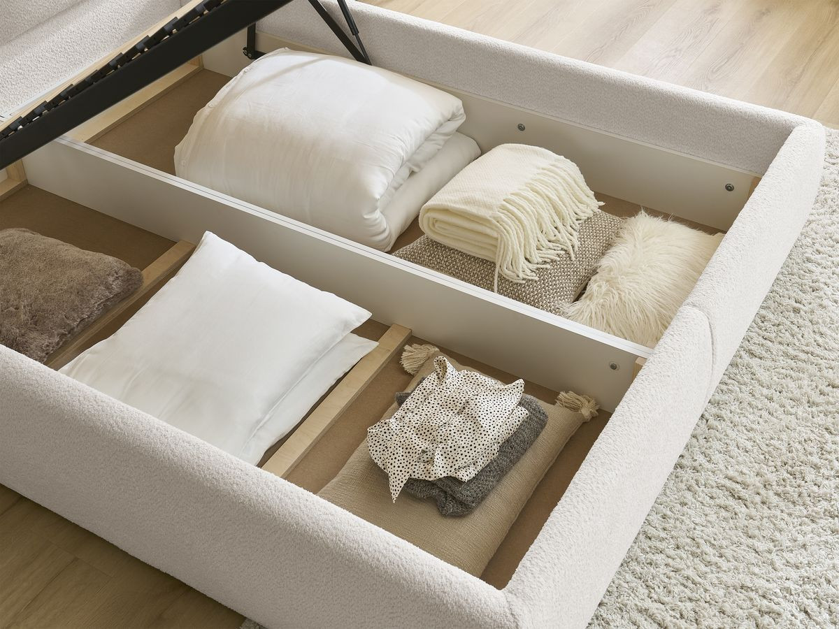 GARANCE opbergbed met hoofdbord met kusseneffect in badstof
