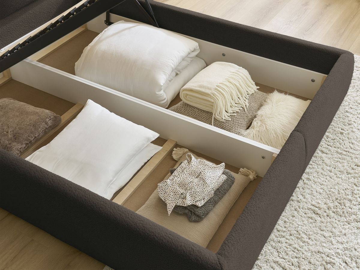 GARANCE opbergbed met hoofdbord met kusseneffect in badstof