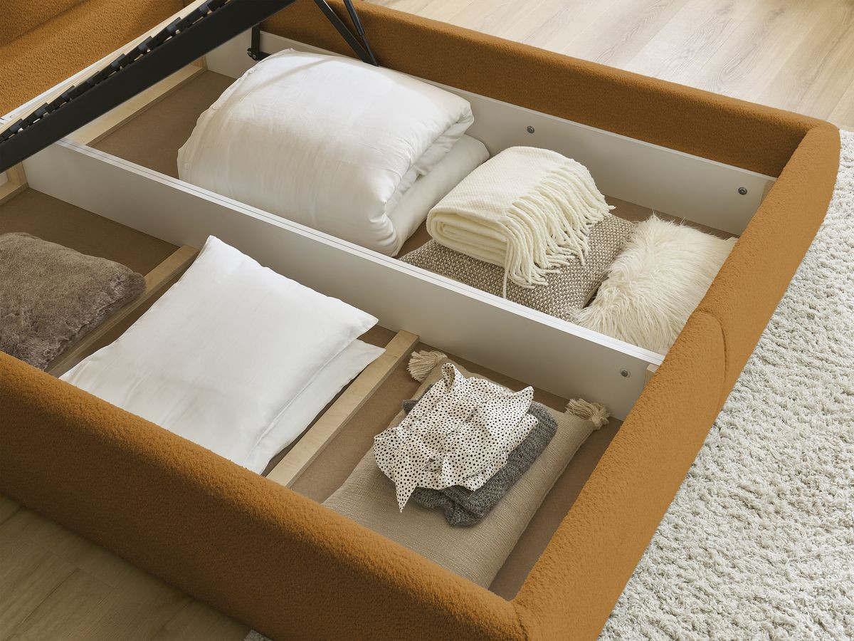 GARANCE opbergbed met hoofdbord met kusseneffect in badstof