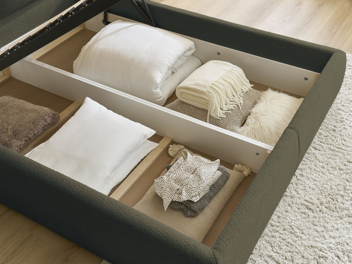 GARANCE opbergbed met hoofdbord met kusseneffect in badstof