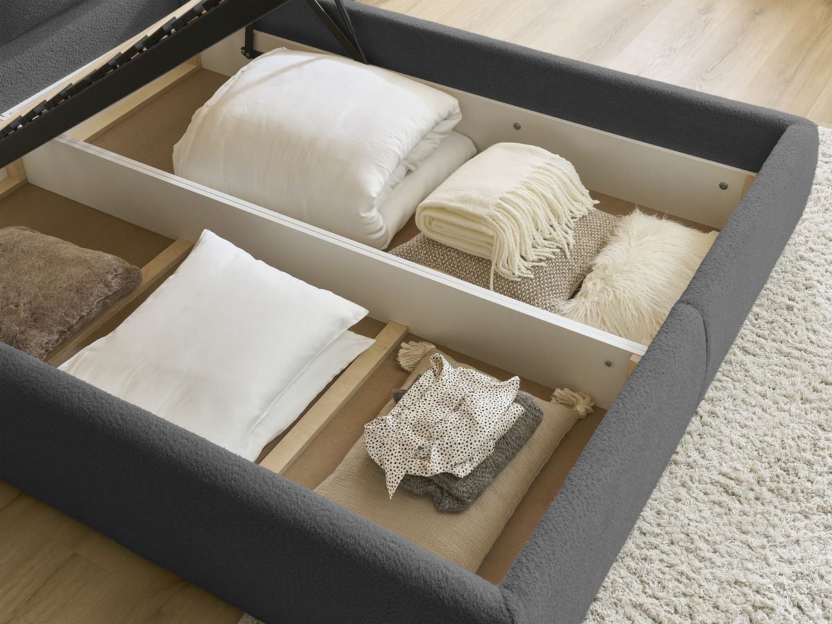 GARANCE opbergbed met hoofdbord met kusseneffect in badstof