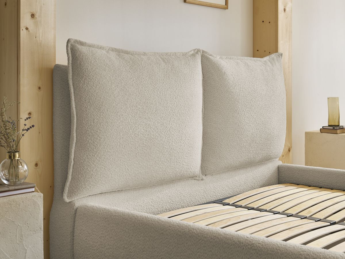 GARANCE opbergbed met hoofdbord met kusseneffect in badstof