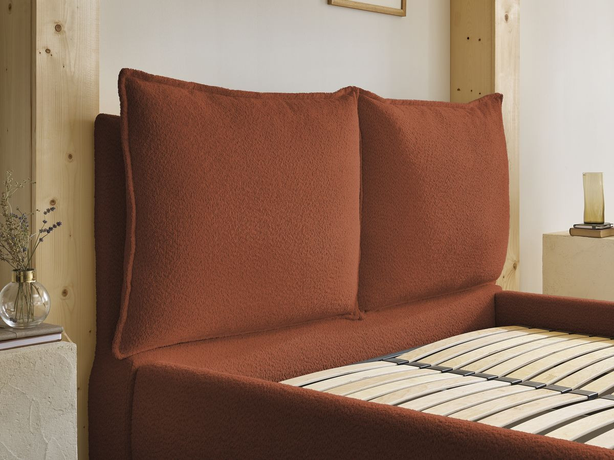 GARANCE opbergbed met hoofdbord met kusseneffect in badstof