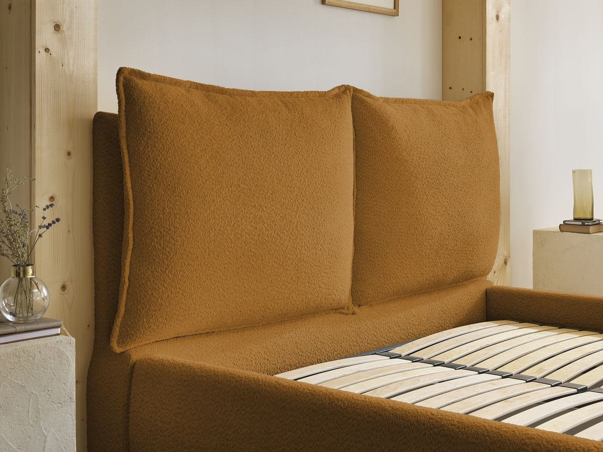 GARANCE opbergbed met hoofdbord met kusseneffect in badstof