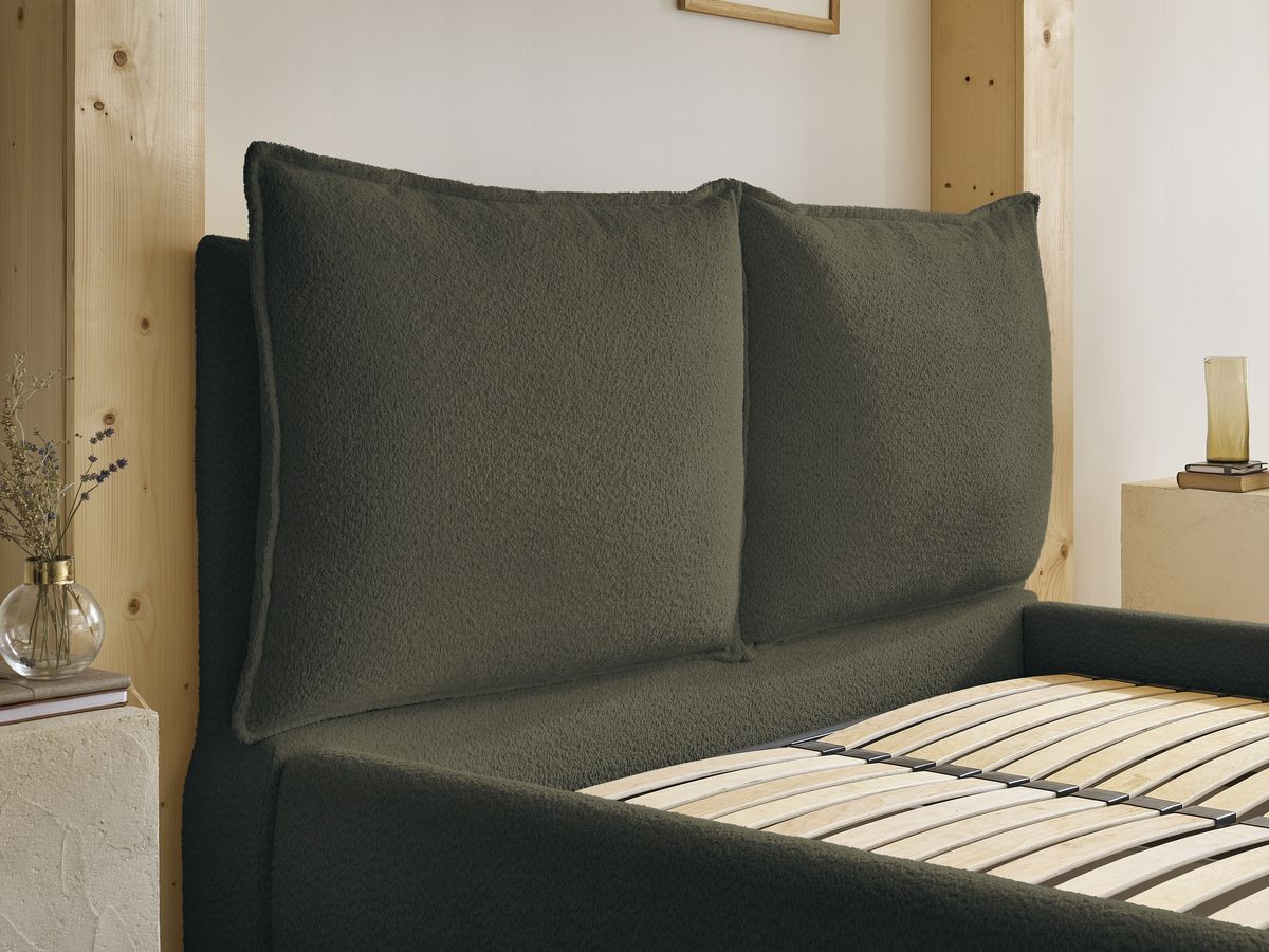 GARANCE opbergbed met hoofdbord met kusseneffect in badstof