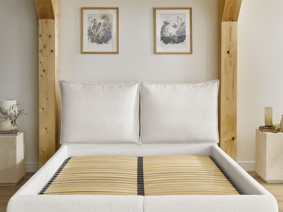 GARANCE opbergbed met hoofdbord met kusseneffect in badstof