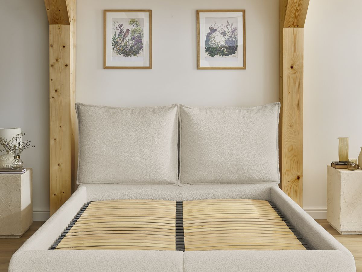 GARANCE opbergbed met hoofdbord met kusseneffect in badstof