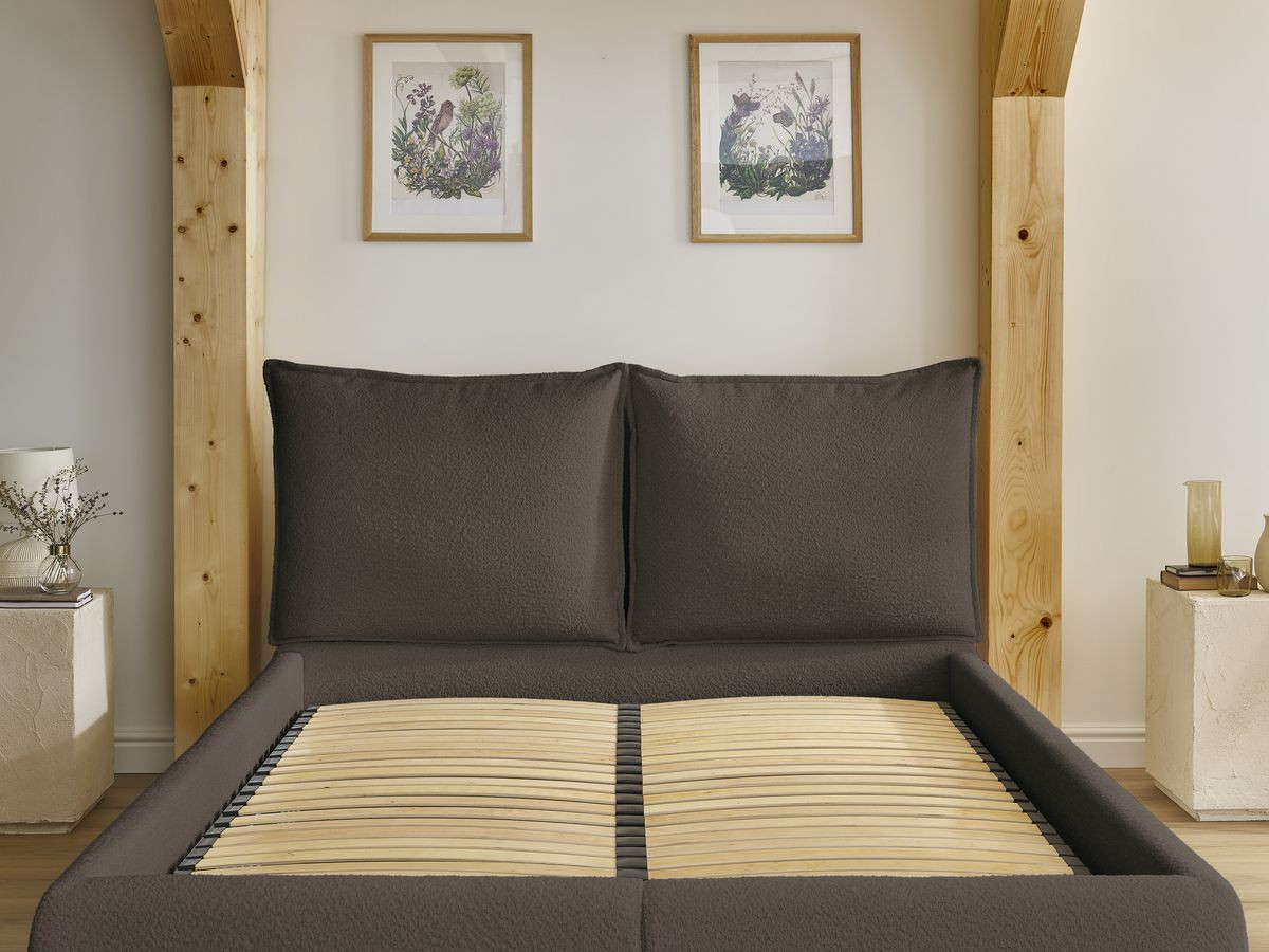 GARANCE opbergbed met hoofdbord met kusseneffect in badstof
