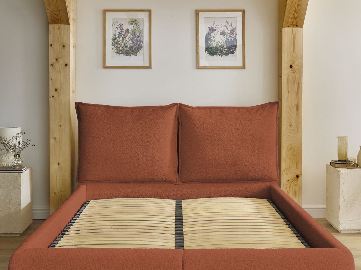 GARANCE opbergbed met hoofdbord met kusseneffect in badstof