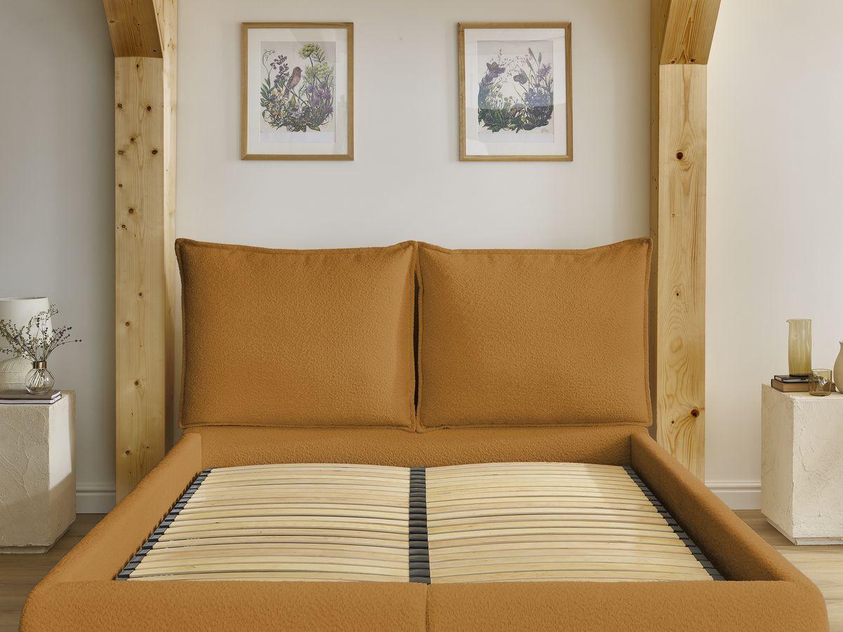 GARANCE opbergbed met hoofdbord met kusseneffect in badstof