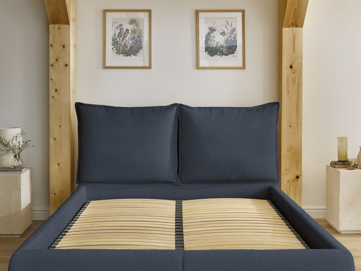 GARANCE opbergbed met hoofdbord met kusseneffect in badstof