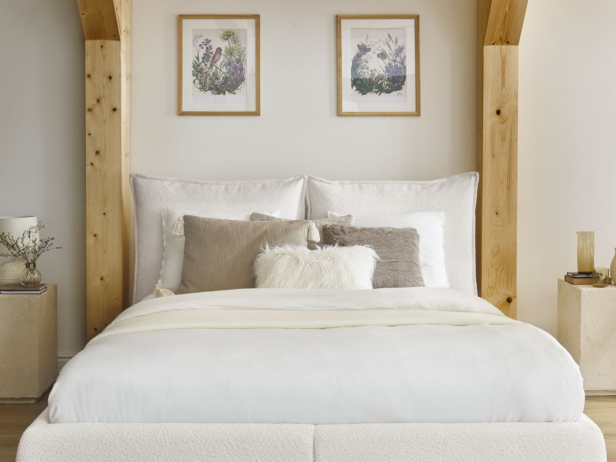 GARANCE opbergbed met hoofdbord met kusseneffect in badstof