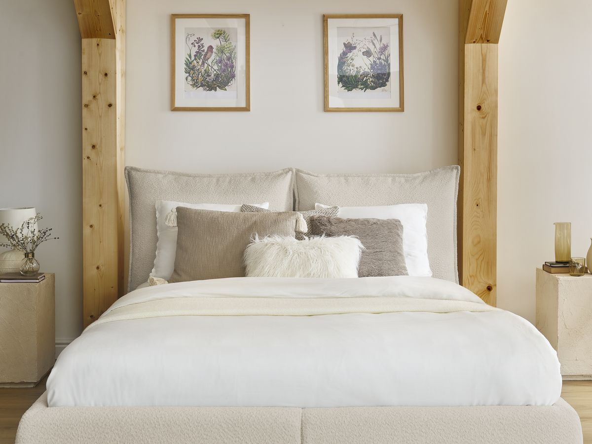 GARANCE opbergbed met hoofdbord met kusseneffect in badstof