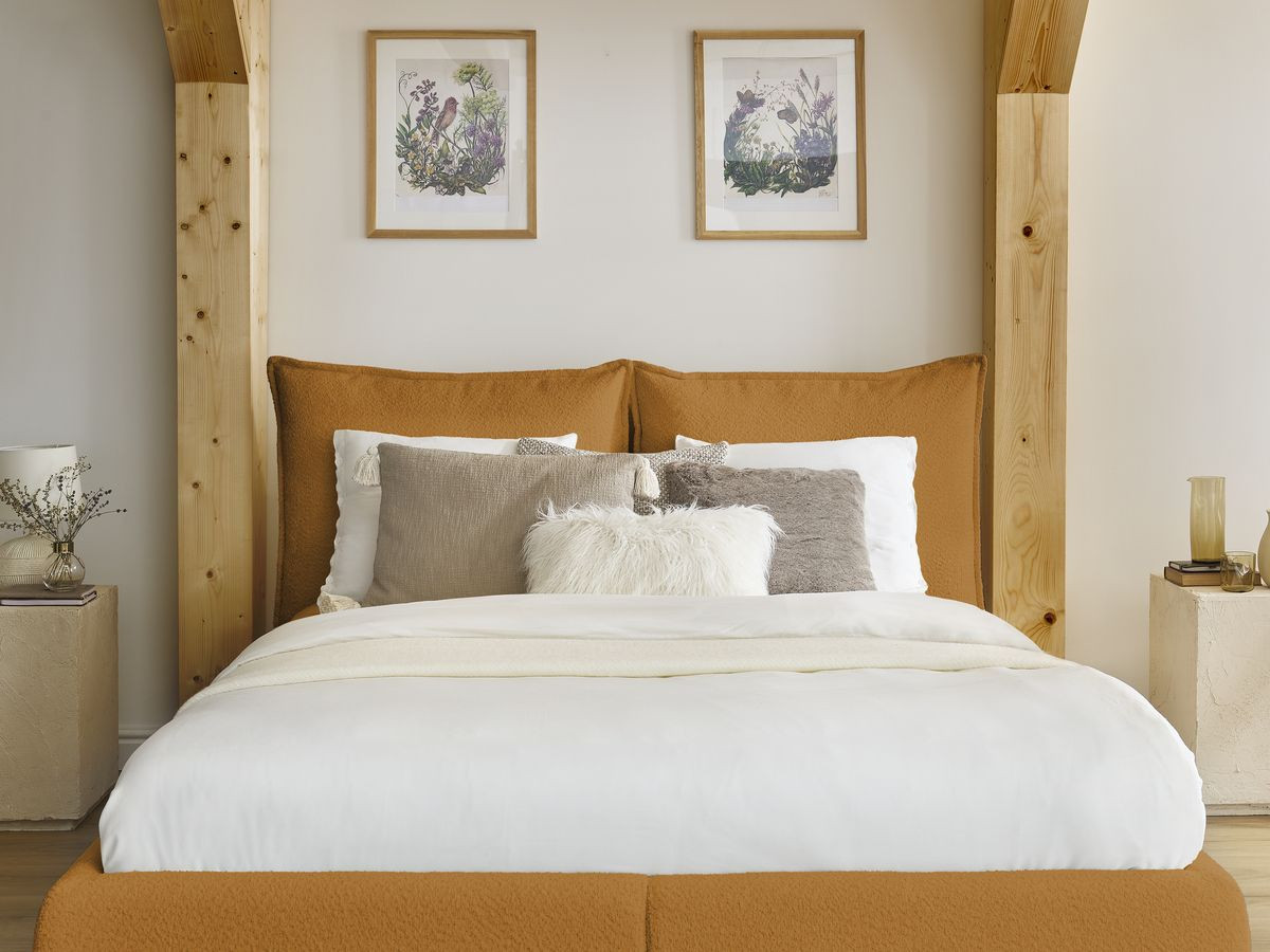 GARANCE opbergbed met hoofdbord met kusseneffect in badstof