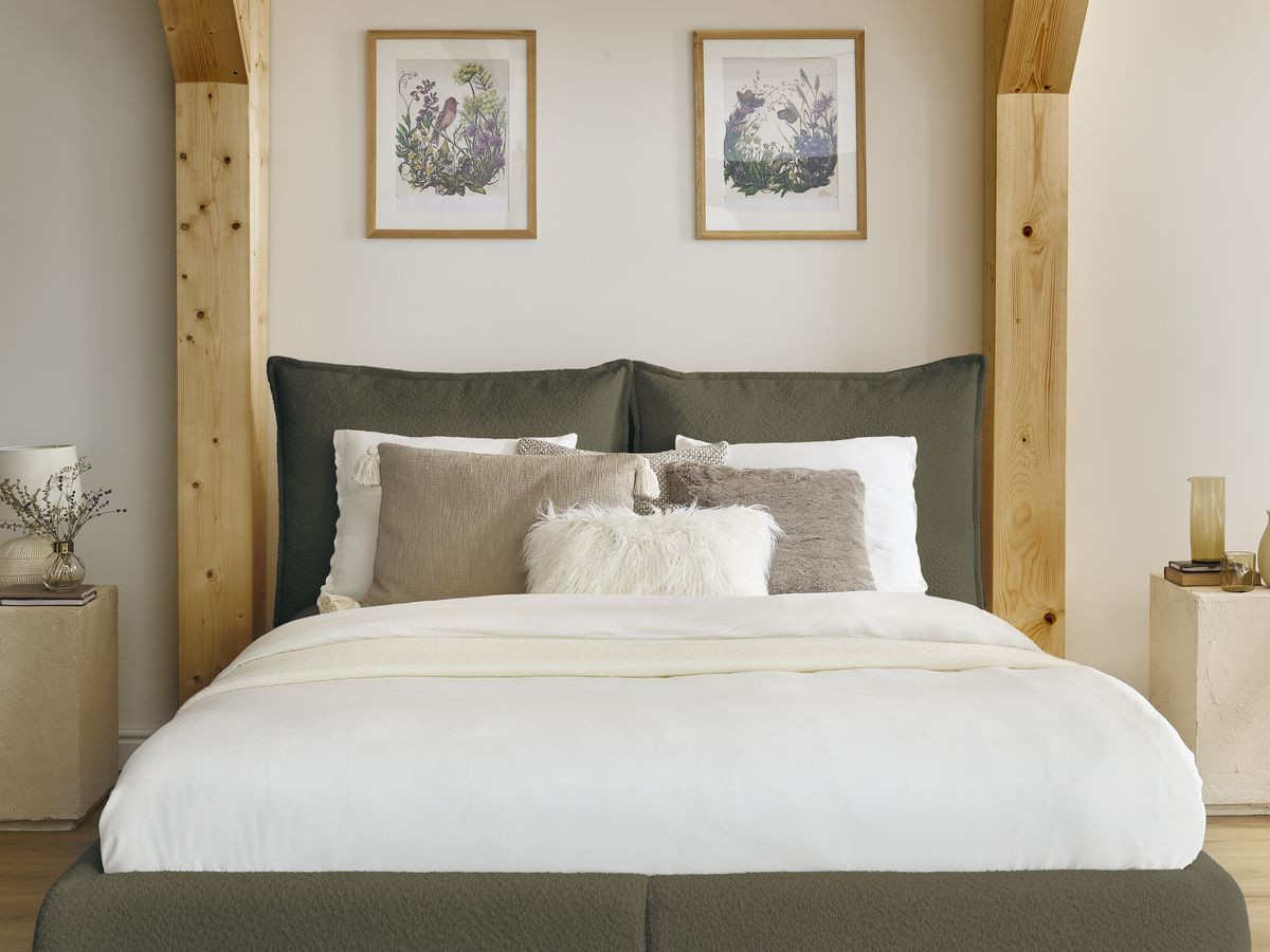 GARANCE opbergbed met hoofdbord met kusseneffect in badstof