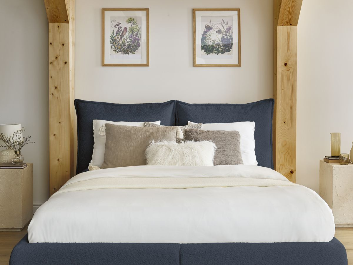 GARANCE opbergbed met hoofdbord met kusseneffect in badstof