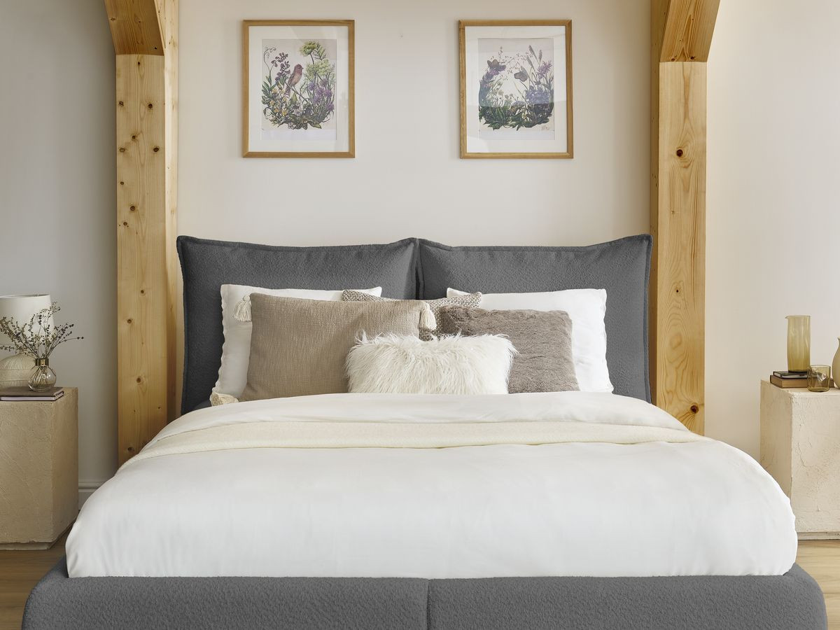 GARANCE opbergbed met hoofdbord met kusseneffect in badstof