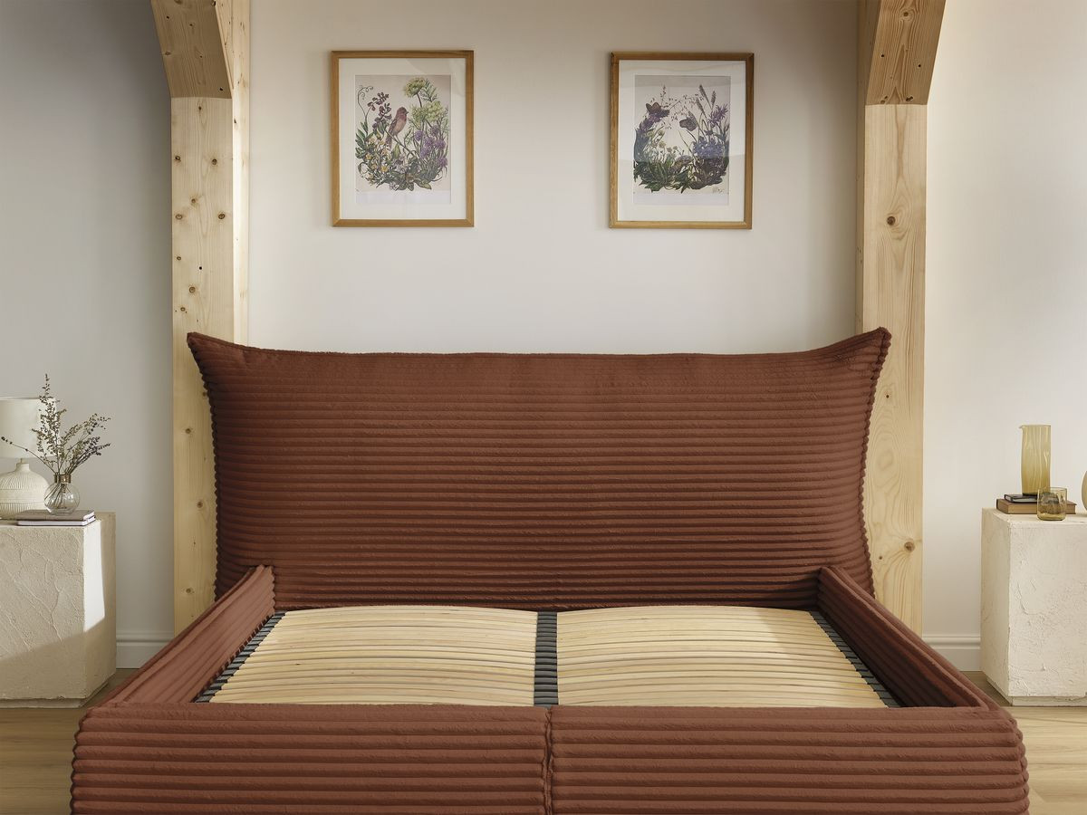 Lit coffre JADE avec tête de lit effet oreiller gros côtelé doux