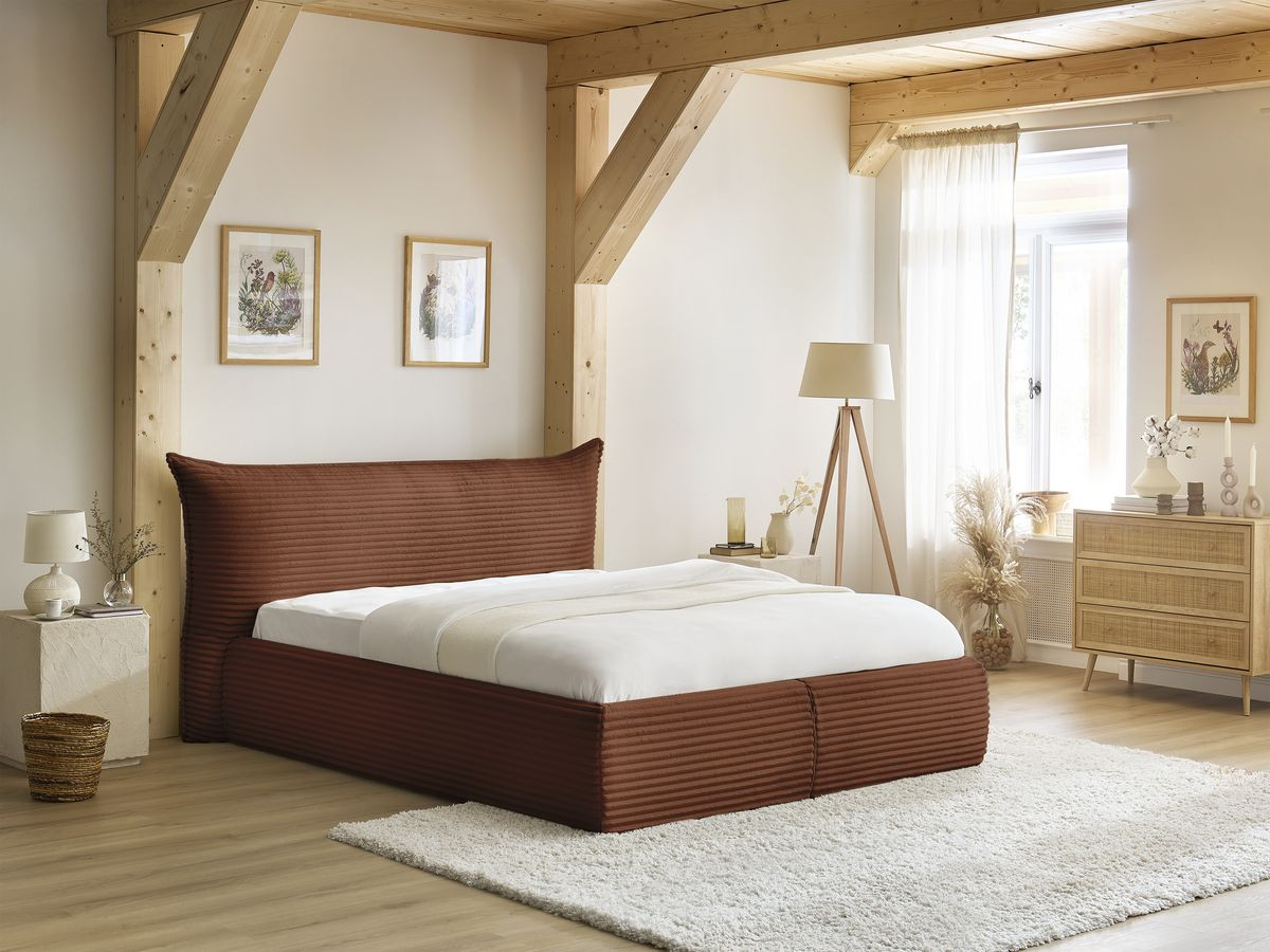 Lit coffre JADE avec tête de lit effet oreiller gros côtelé doux orange — vue 6