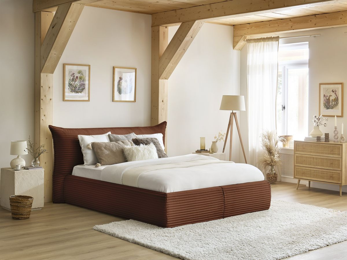 Lit coffre JADE avec tête de lit effet oreiller gros côtelé doux orange