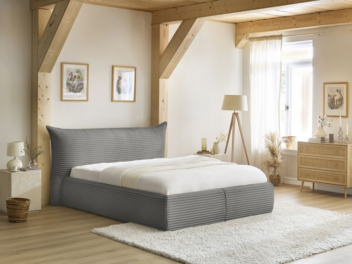 Lit coffre JADE avec tête de lit effet oreiller gros côtelé doux gris foncé — vue 6