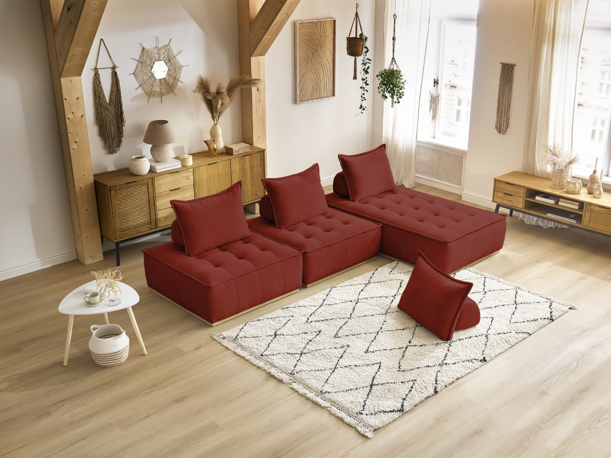 Canapé d'angle fixe EVEREST tissu chiné - Orange - Angle droit - 10 coussins