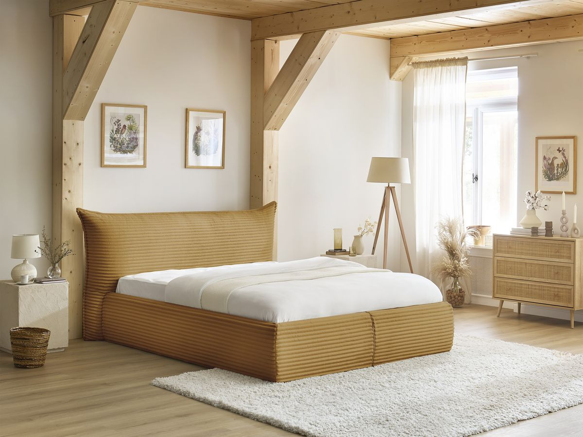 Lit coffre JADE avec tête de lit effet oreiller gros côtelé doux jaune — vue 6