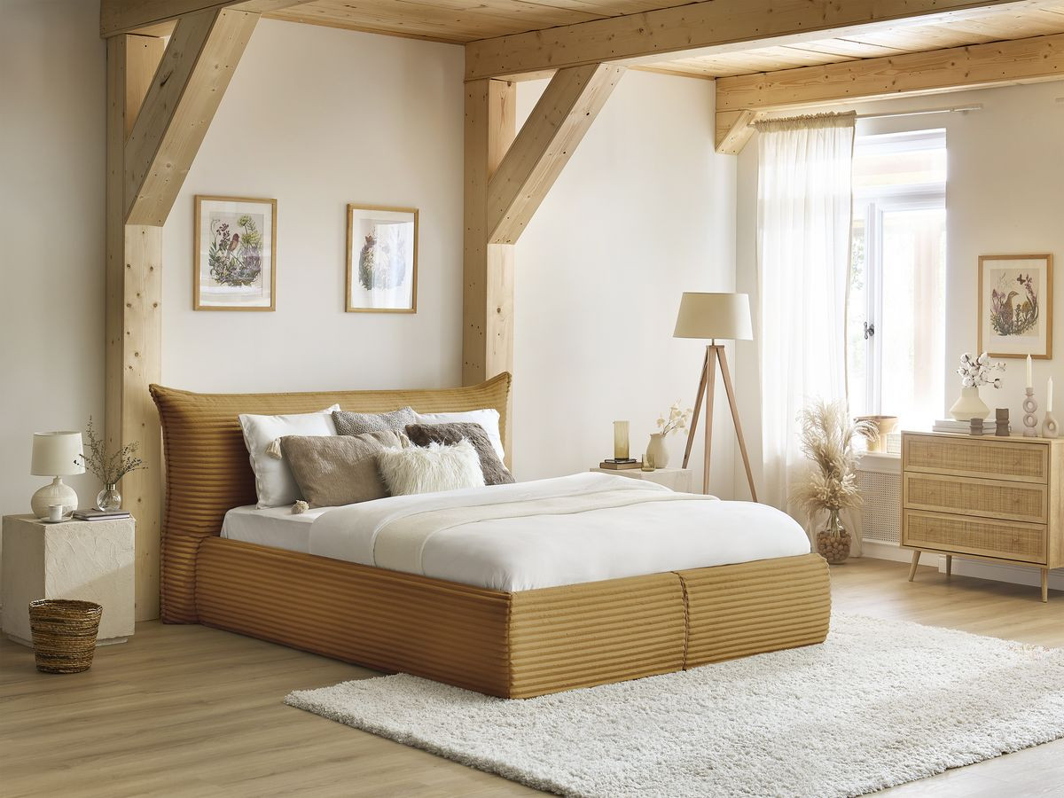 Lit coffre JADE avec tête de lit effet oreiller gros côtelé doux jaune