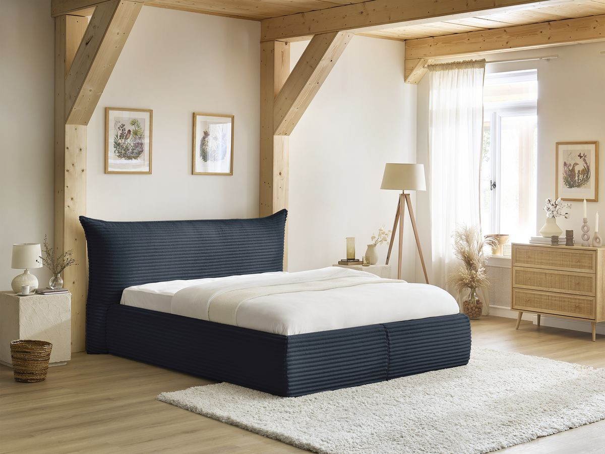 Lit coffre JADE avec tête de lit effet oreiller gros côtelé doux bleu foncé — vue 6