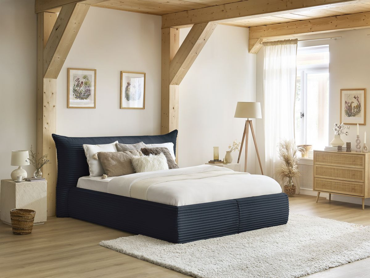 Lit coffre JADE avec tête de lit effet oreiller gros côtelé doux bleu foncé