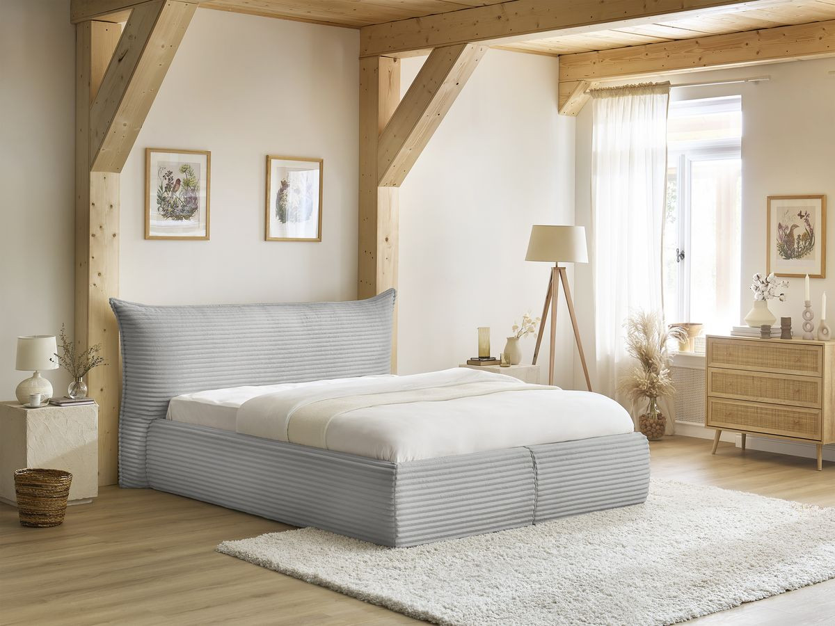 Lit coffre JADE avec tête de lit effet oreiller gros côtelé doux gris clair — vue 6
