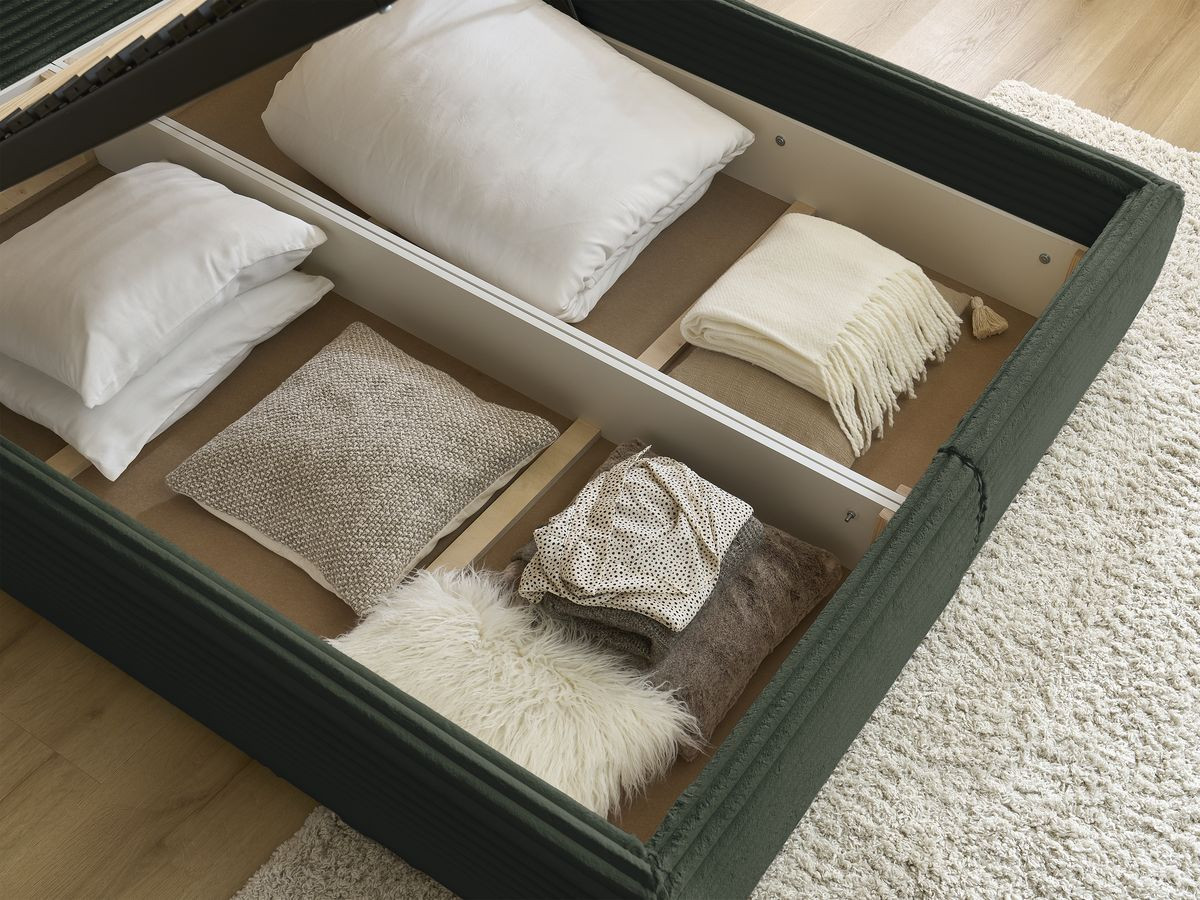 Lit coffre JADE avec tête de lit effet oreiller gros côtelé doux