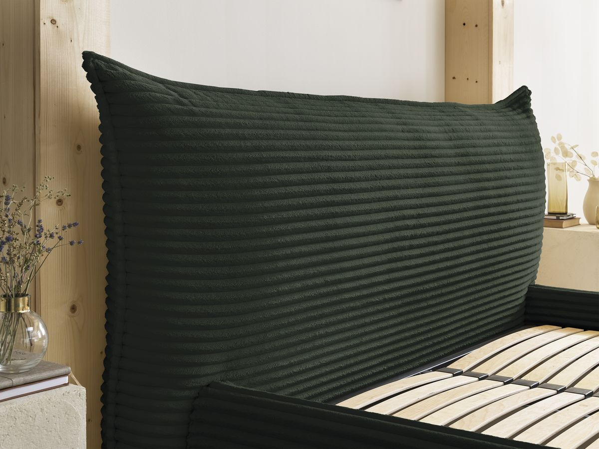Lit coffre JADE avec tête de lit effet oreiller gros côtelé doux
