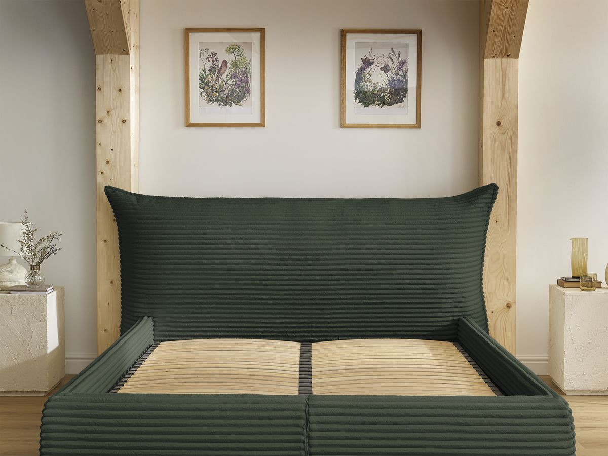 Lit coffre JADE avec tête de lit effet oreiller gros côtelé doux