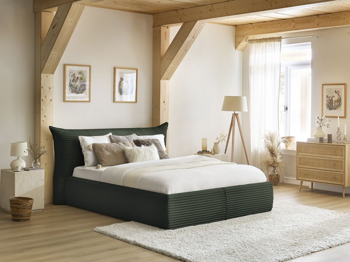 Lit coffre JADE avec tête de lit effet oreiller gros côtelé doux vert
