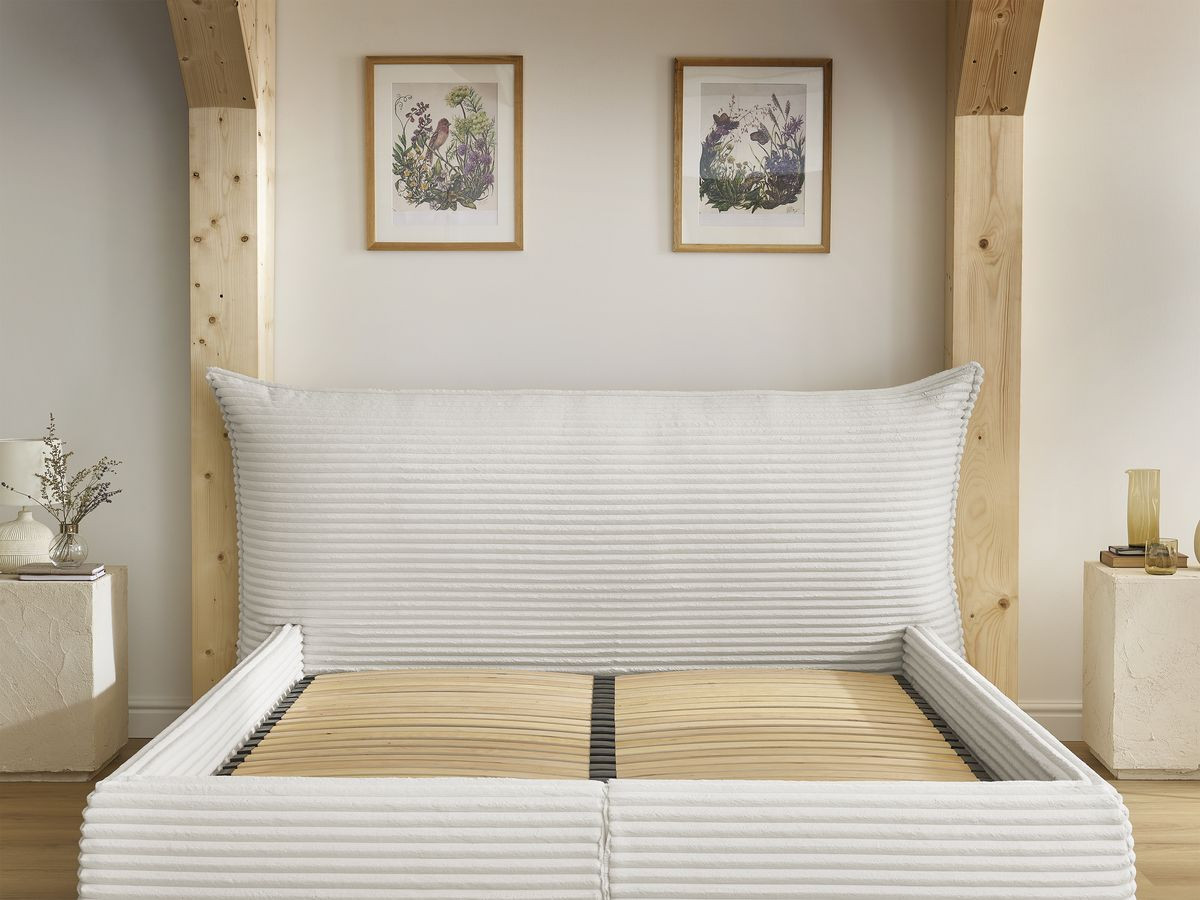 Lit coffre JADE avec tête de lit effet oreiller gros côtelé doux