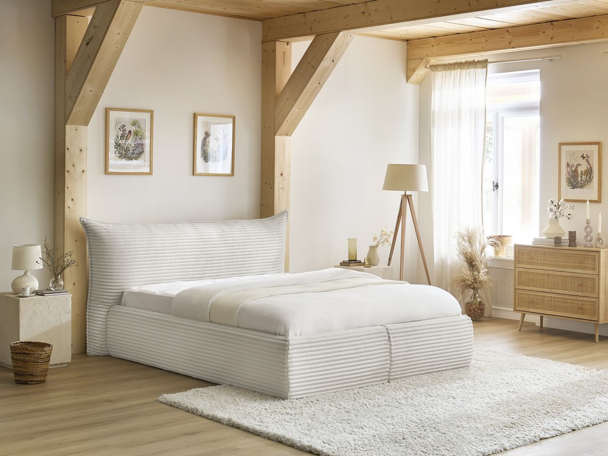 Lit coffre JADE avec tête de lit effet oreiller gros côtelé doux beige — vue 6