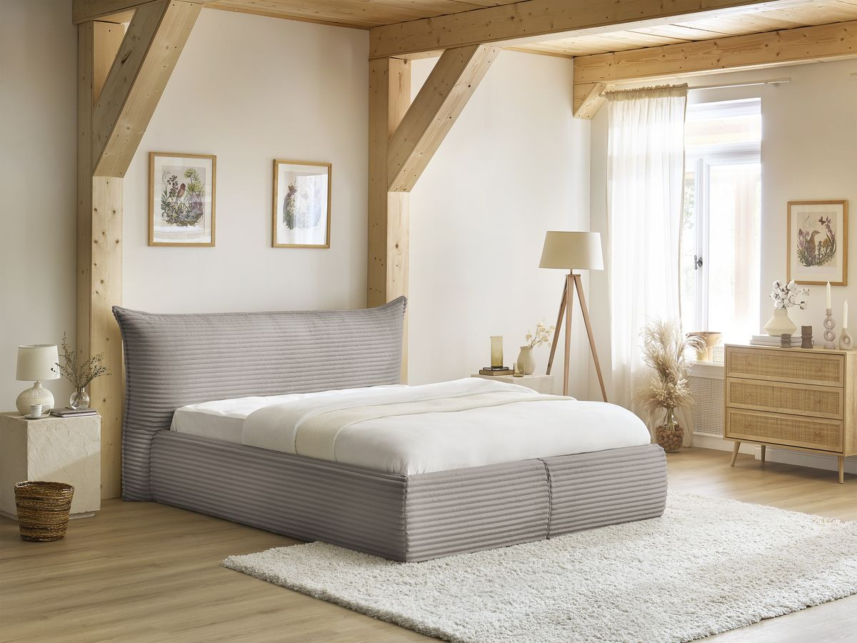 Lit coffre JADE avec tête de lit effet oreiller gros côtelé doux taupe — vue 6