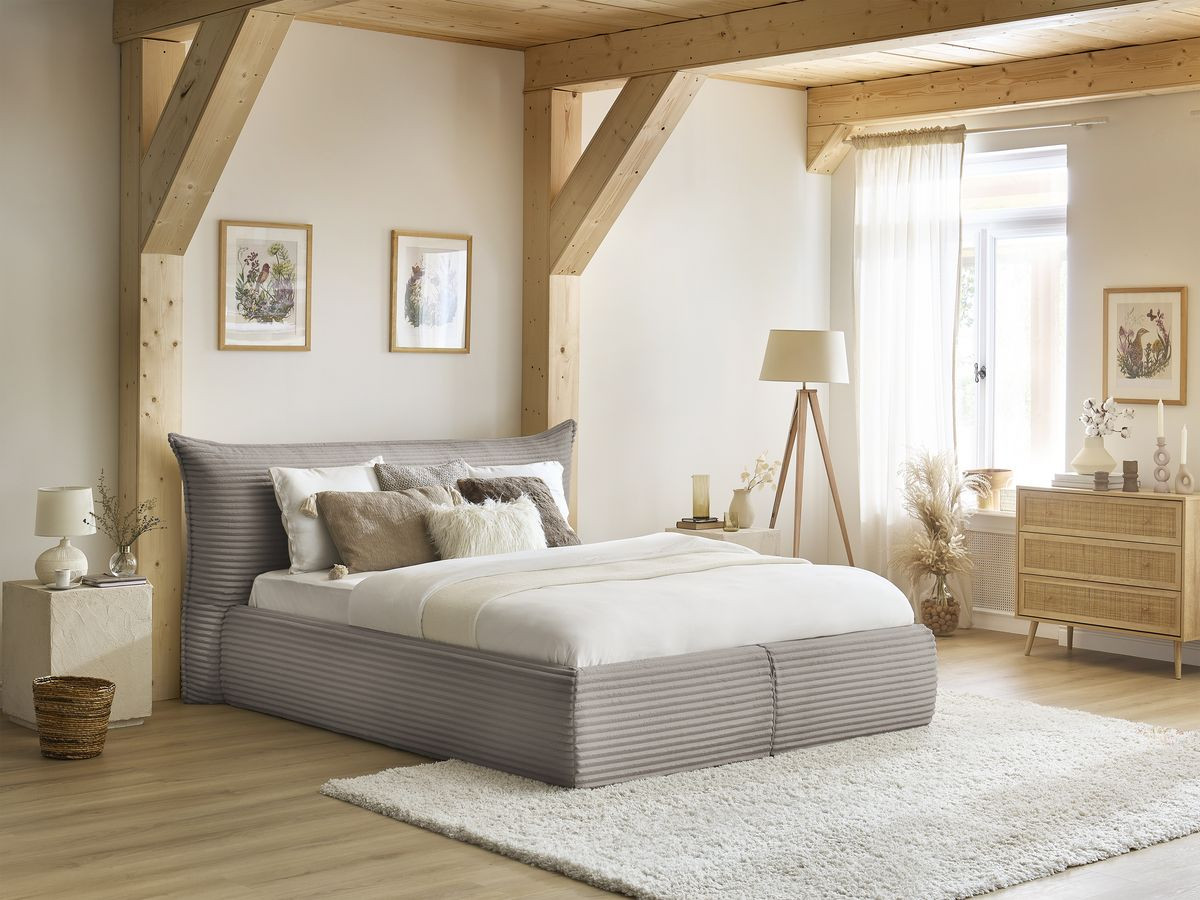 Lit coffre JADE avec tête de lit effet oreiller gros côtelé doux taupe