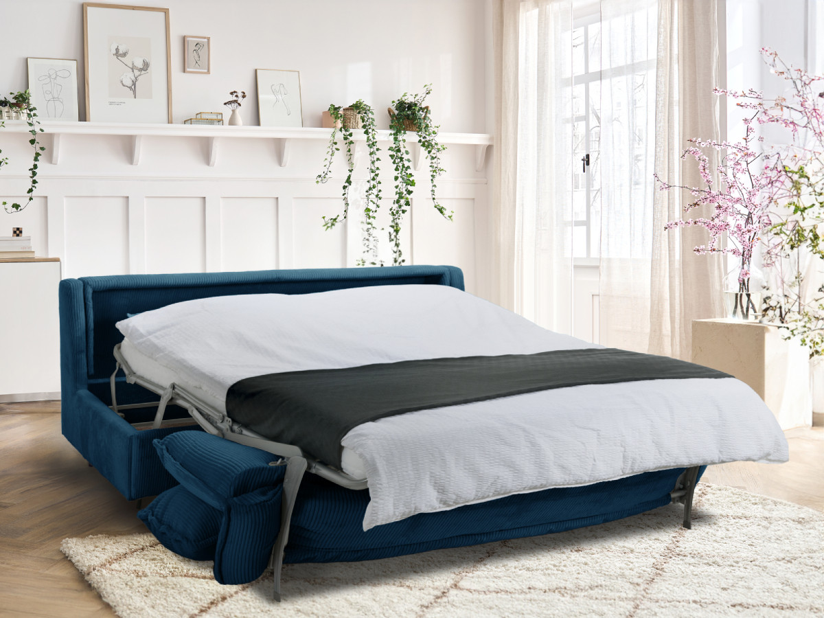 Canapé droit convertible ISADORA velours côtelé bleu foncé — vue 4