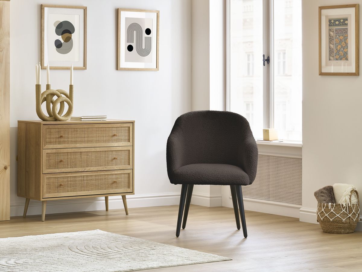 Chaise SOPHIE tissu bouclette et pieds scandinaves noirs