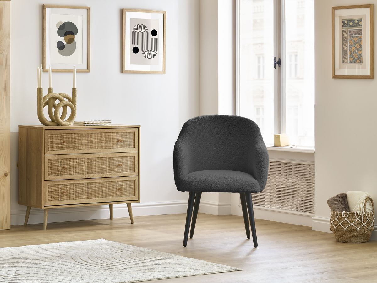 Chaise SOPHIE tissu bouclette et pieds scandinaves noirs